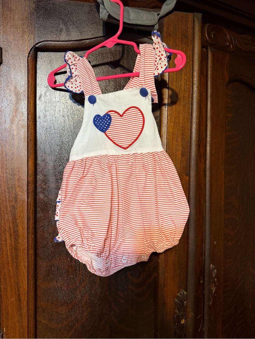 Baby Girls Red & White Striped Heart Bubble One-Piece Bodysuit
